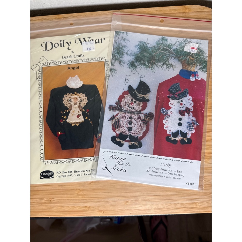 Lot of 2 Vintage Doily Applique Patterns Snowman Angel 1992 Uncut